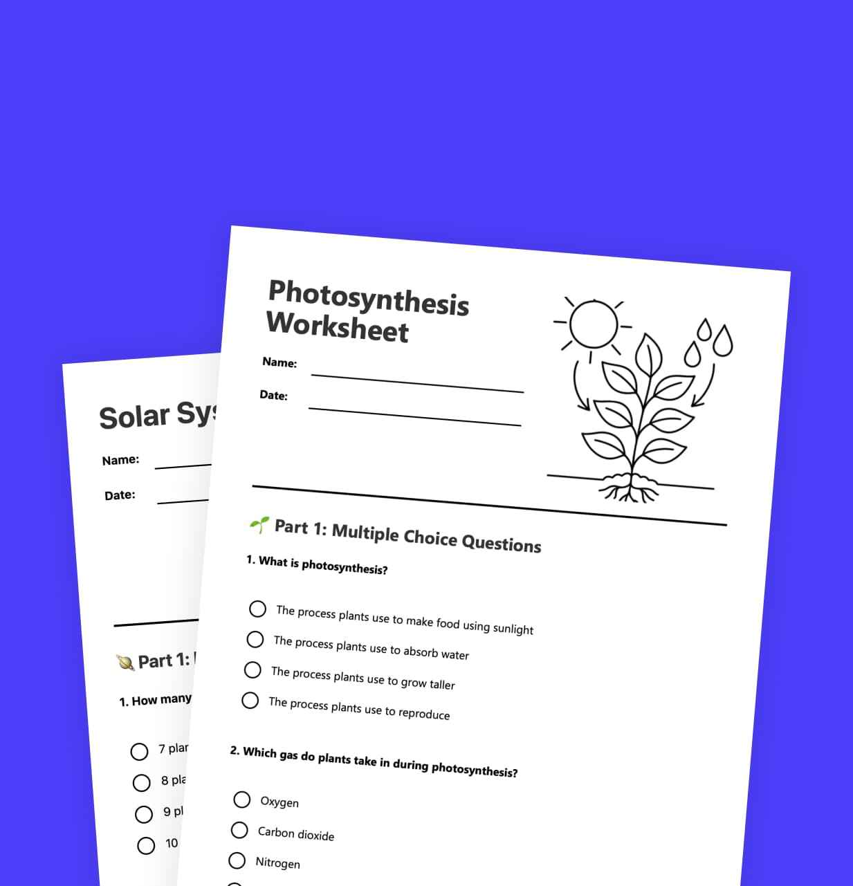 AI-generated worksheet interface showing multiple choice questions