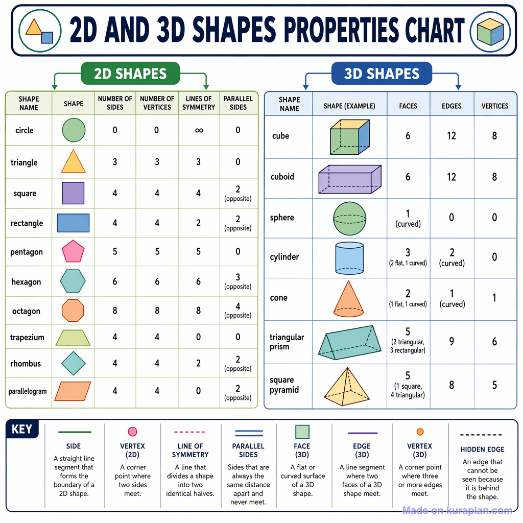 2D and 3D Shapes Properties Chart (detailed)