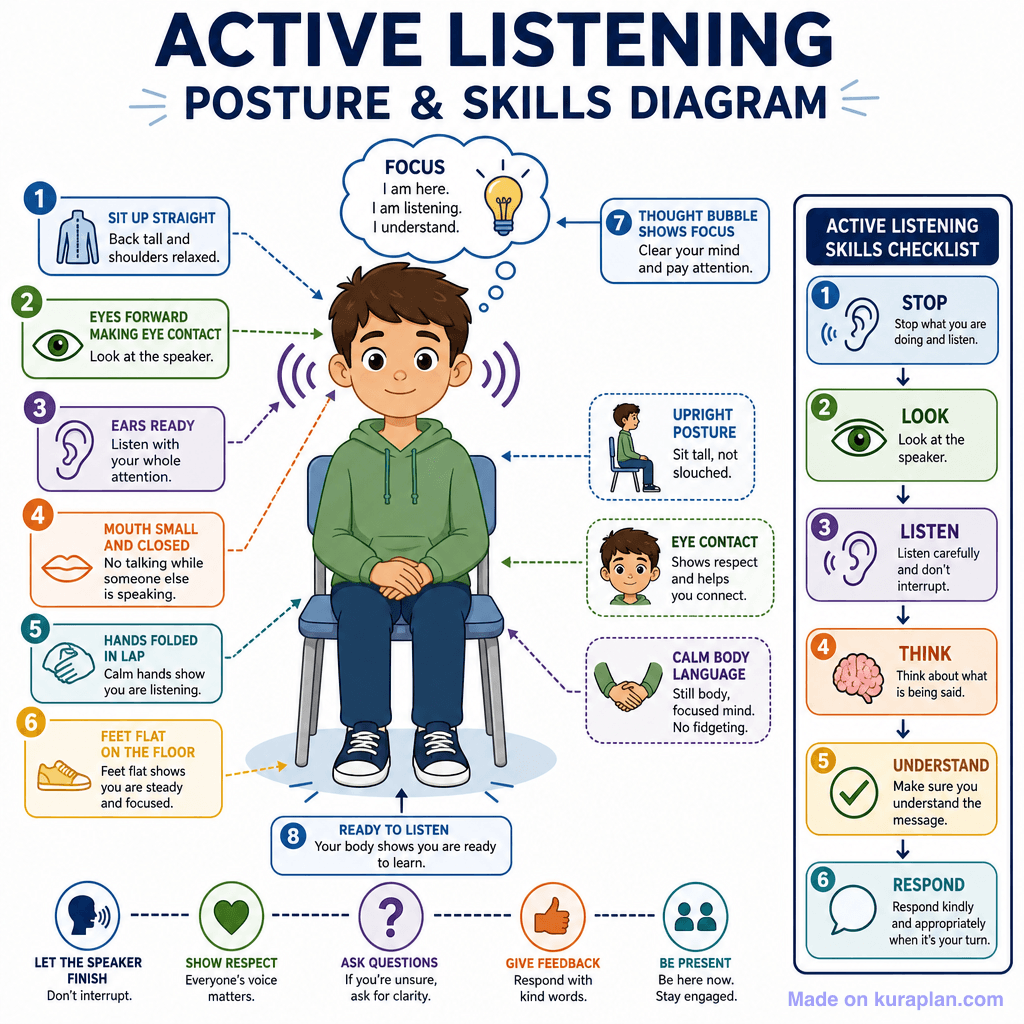 Active Listening Posture & Skills Diagram (detailed)