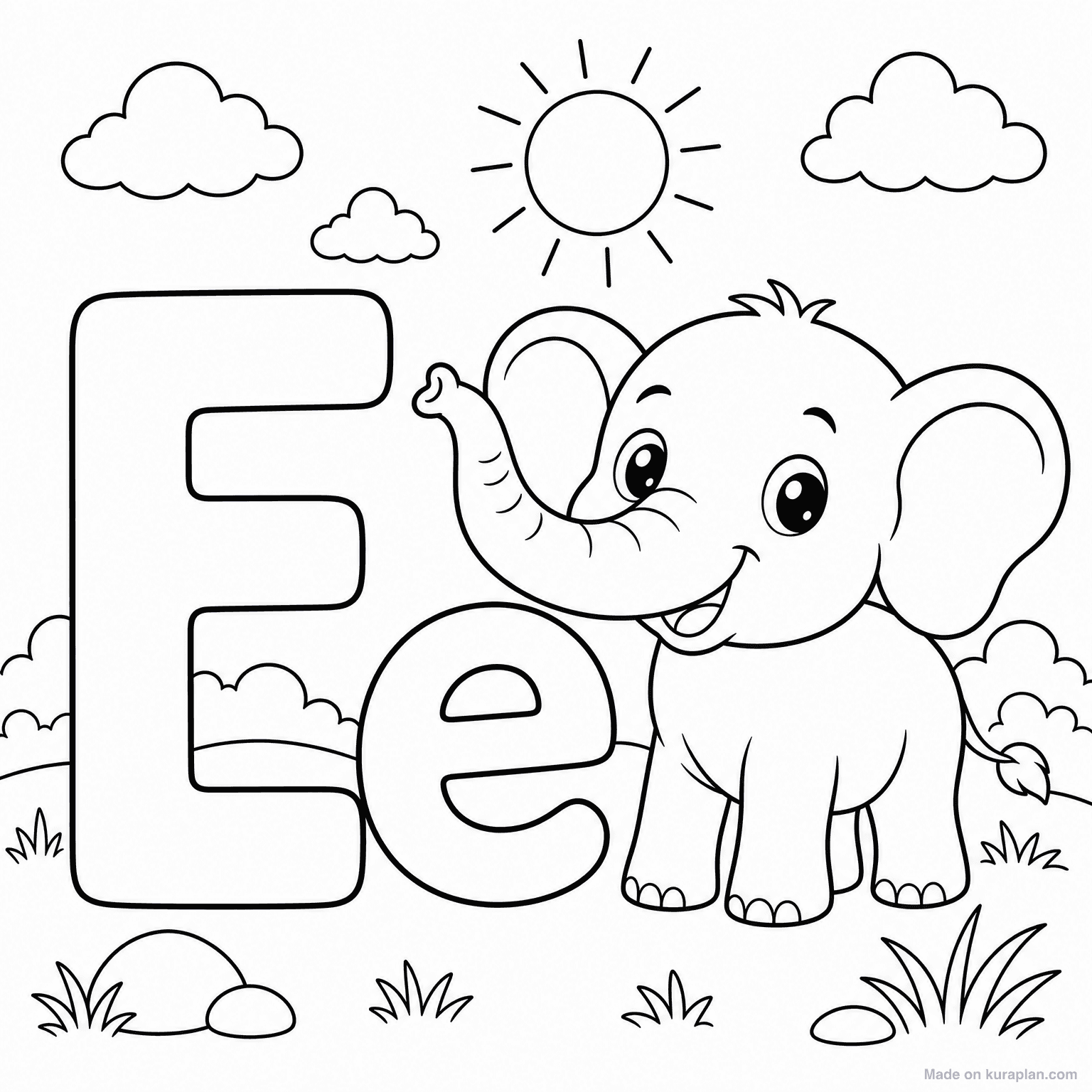 E is for Elephant — Coloring Page
