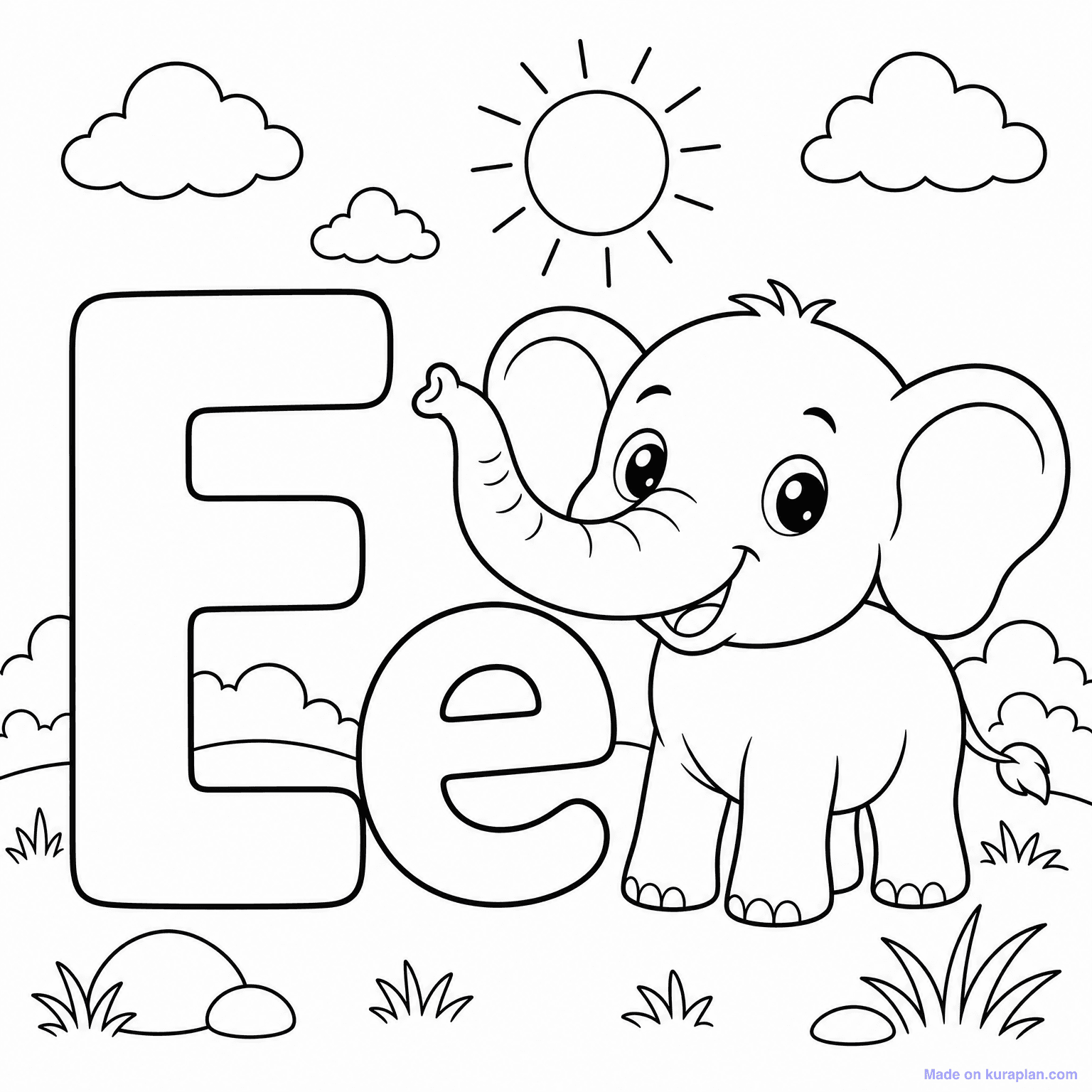 E is for Elephant — Coloring Page