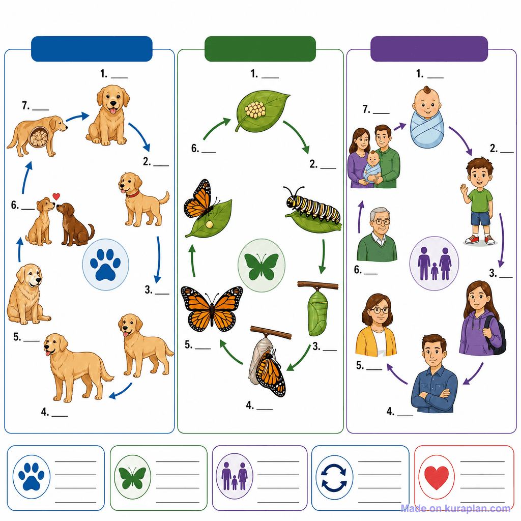 Animal Life Cycles Comparison (Mammal, Insect, Human) (detailed, unlabeled)