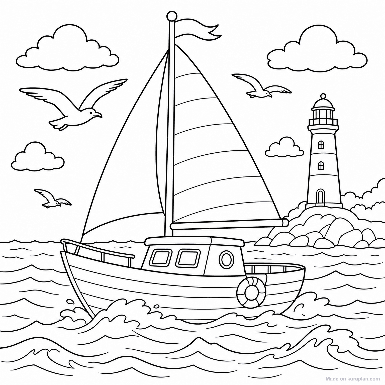 Sailing Boat on Sea — Coloring Page