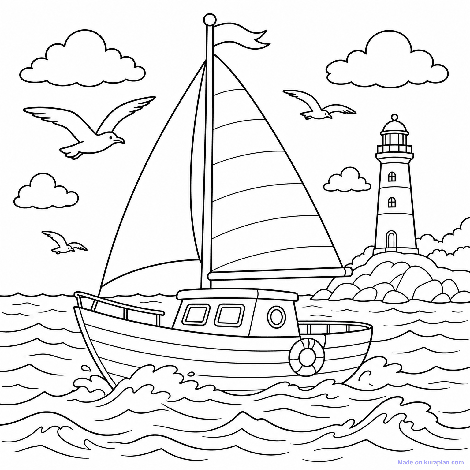 Sailing Boat on Sea — Coloring Page