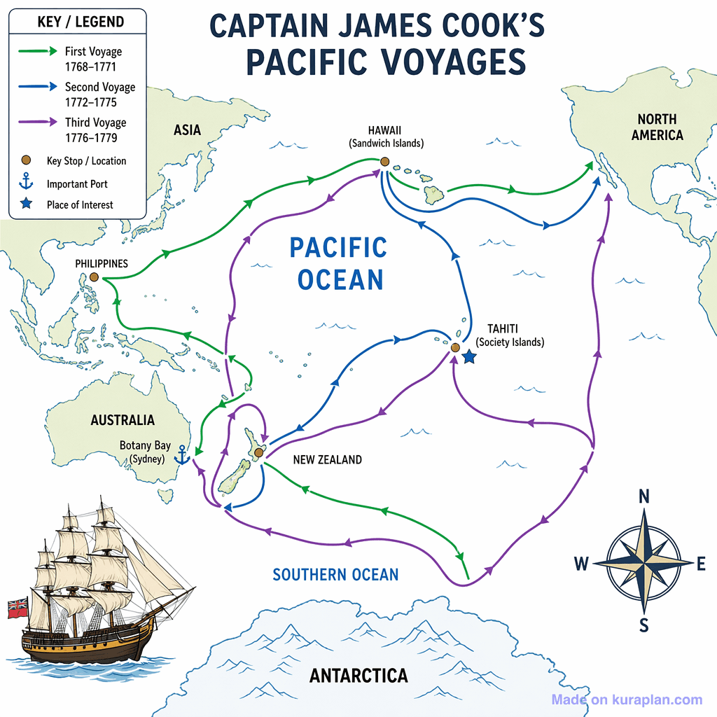 Captain James Cook's Pacific Voyages (detailed)