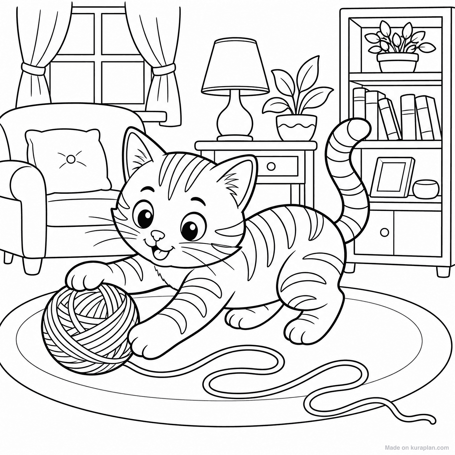 Tabby Cat with Yarn — Coloring Page