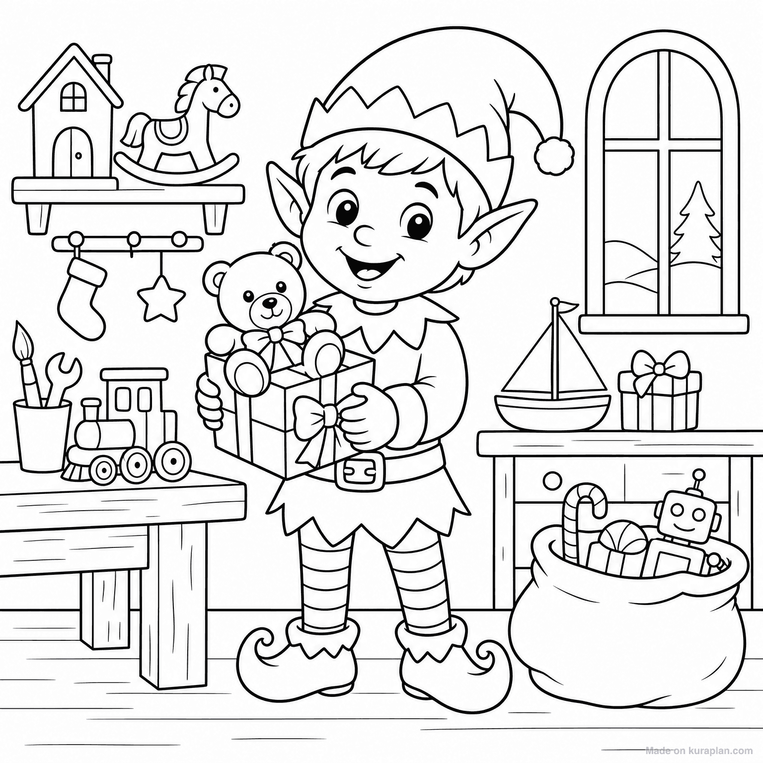 Christmas Elf with Toy — Coloring Page