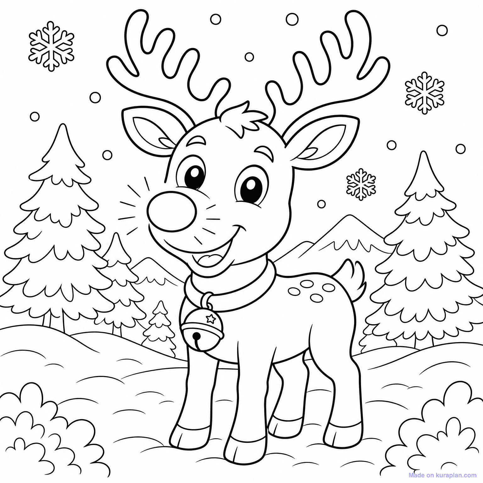 Friendly Reindeer with Red Nose — Coloring Page