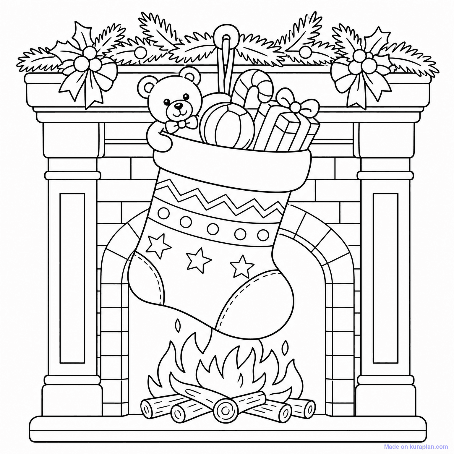 Christmas Stocking by Fireplace — Coloring Page