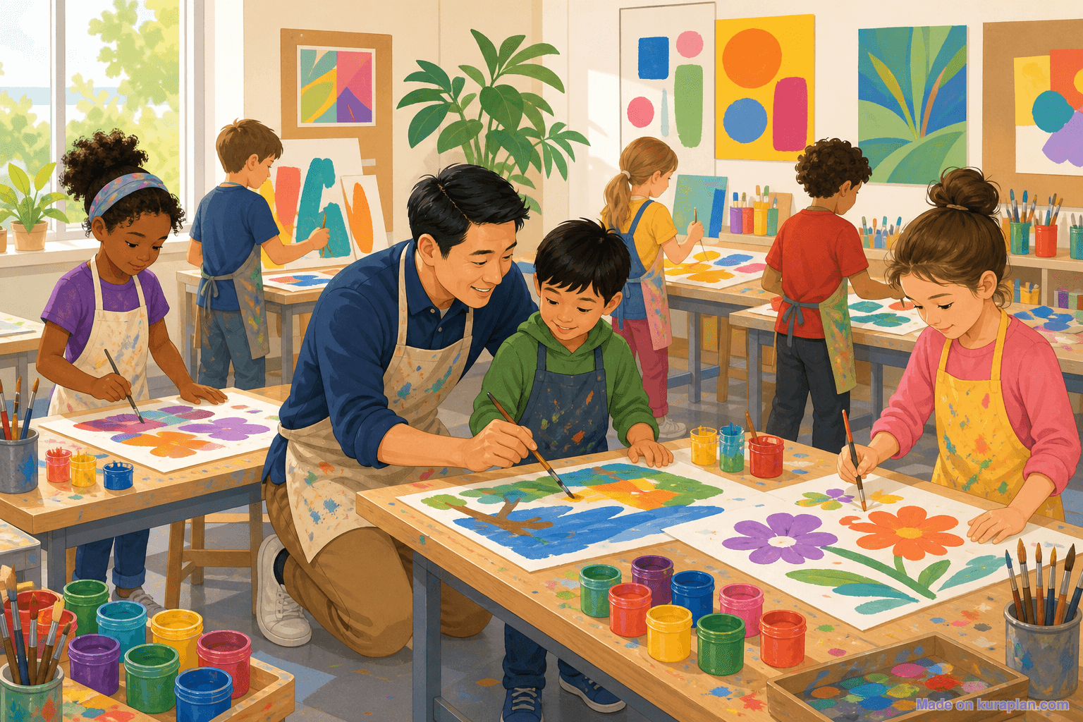 Primary art room, painting, East-Asian male teacher (16:9)