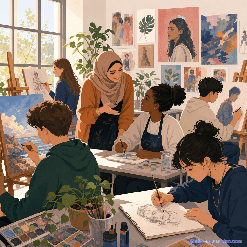 Secondary art room, female teacher in hijab (square)
