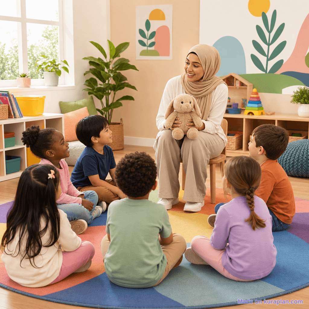 Junior primary circle time, Middle-Eastern female teacher (square)
