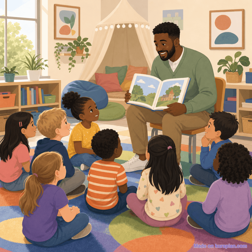 US primary circle-time reading aloud, male teacher (square)