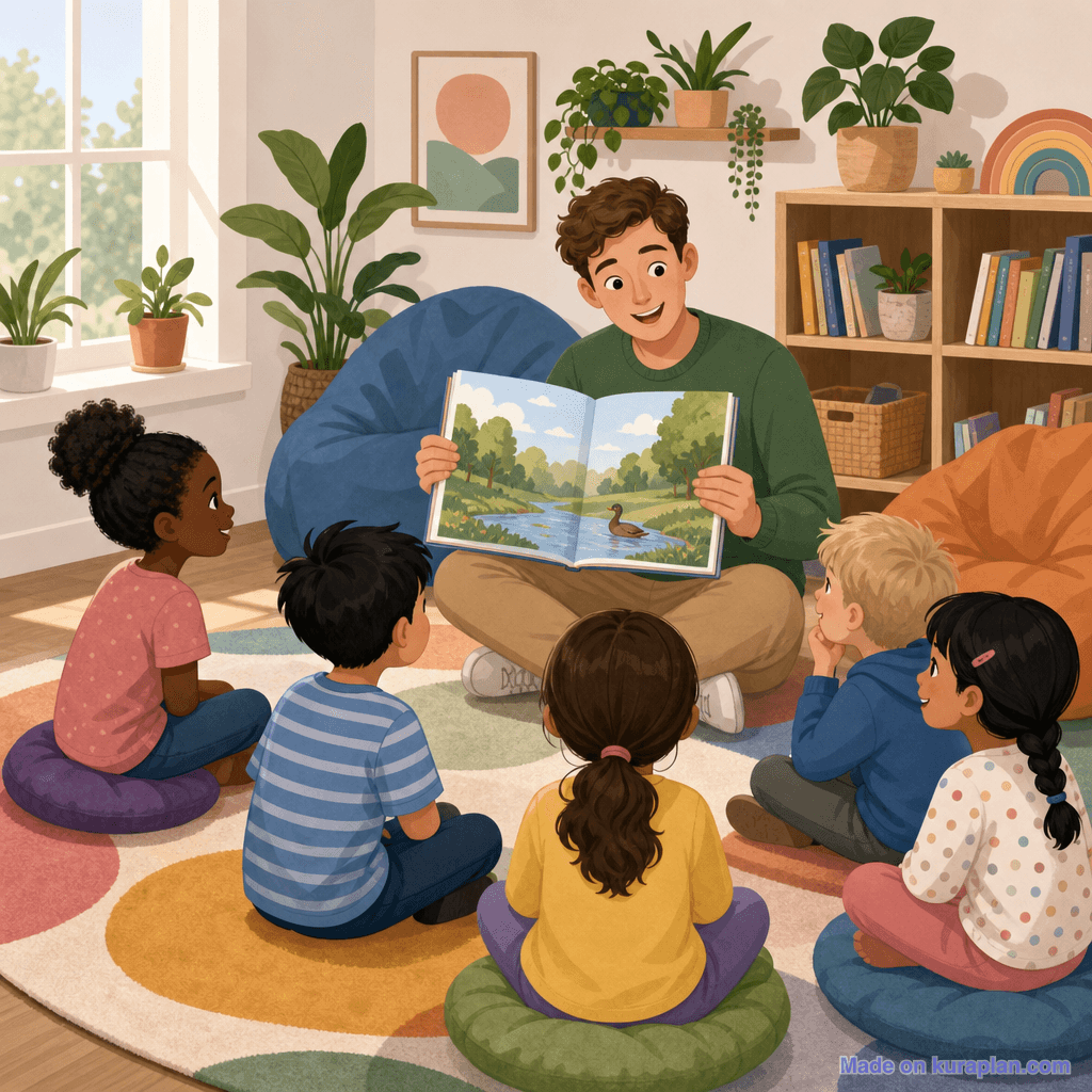 Junior primary literacy circle, male teacher European descent (square)