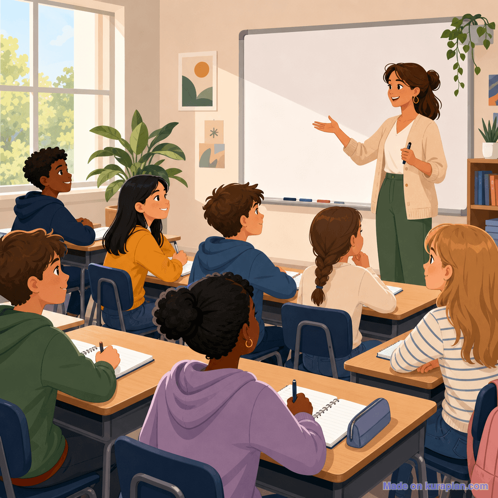 Diverse engaged classroom of students aged 10-13 (square, female teacher)