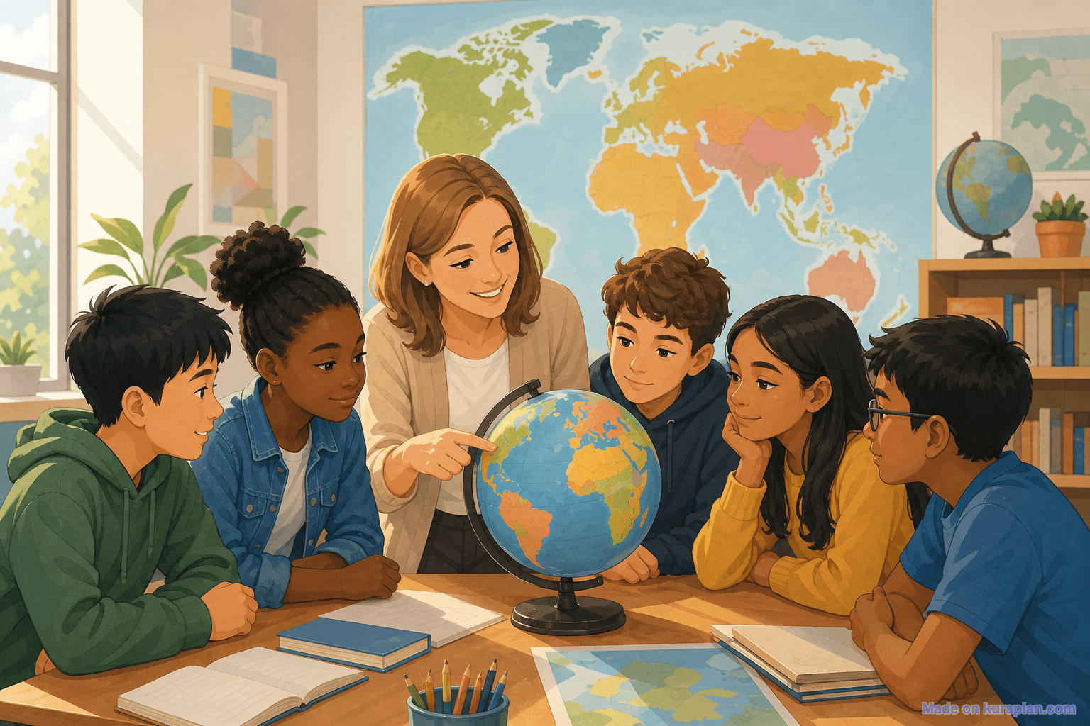 Intermediate geography, globe, female teacher (16:9)