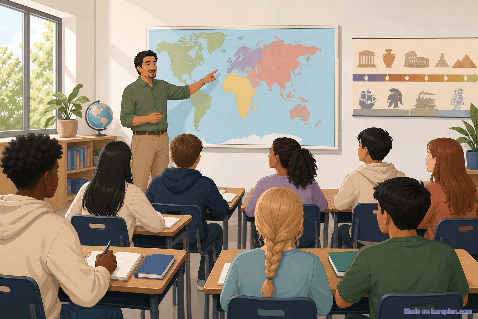 Year 9 history, world map, Hispanic male teacher (16:9)