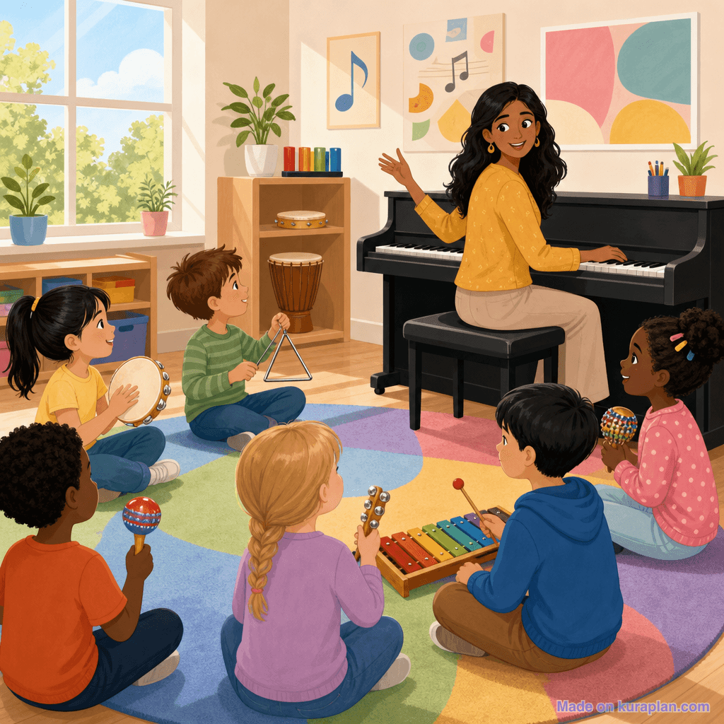 Primary music classroom, percussion instruments, female teacher (square)