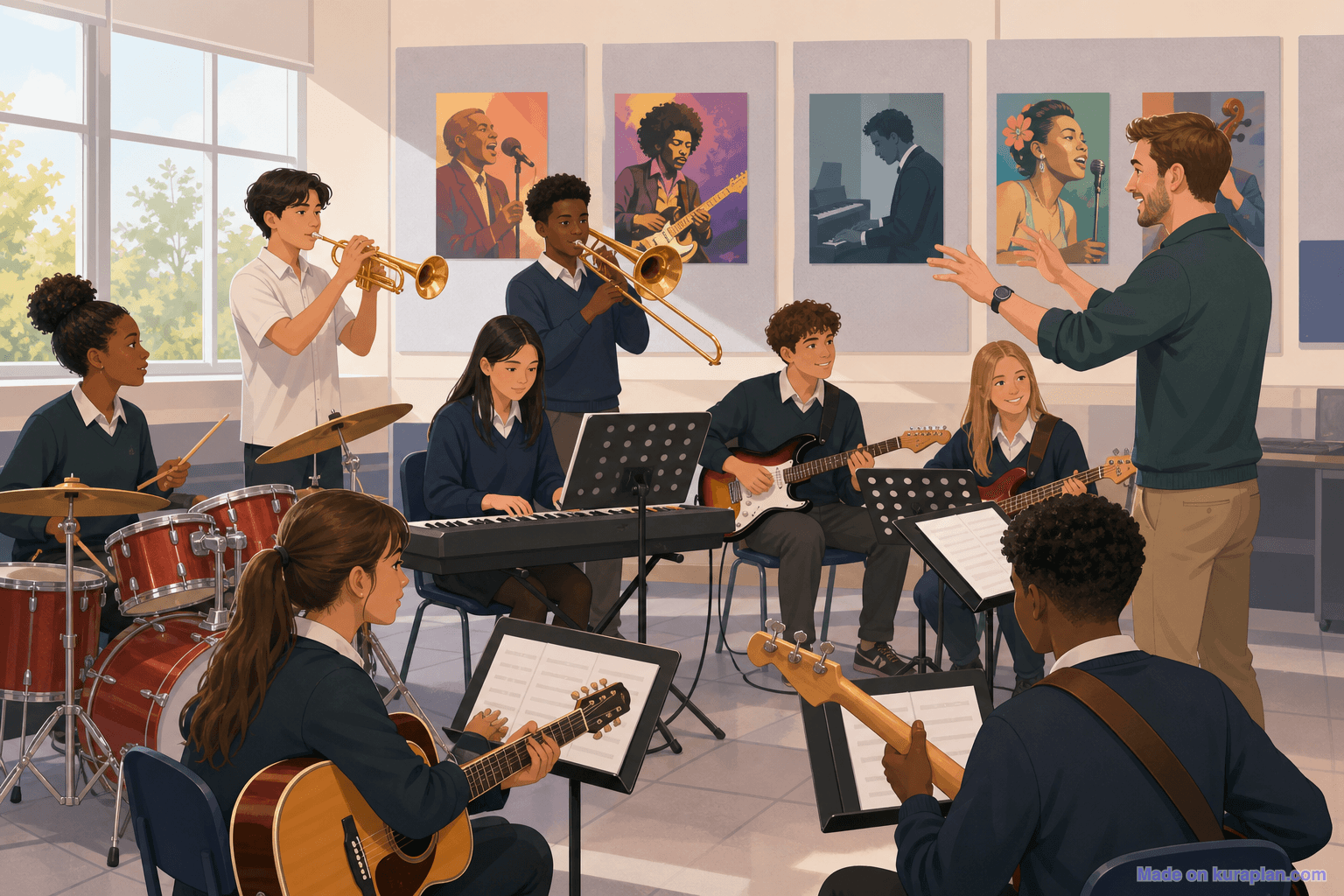 Year 10 music room, band rehearsal, male teacher (16:9)