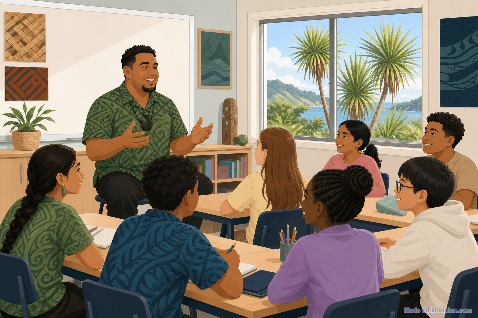 NZ intermediate classroom, Pasifika male teacher (16:9)