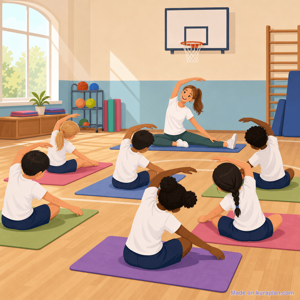 Primary PE in gym, stretching, female teacher (square)