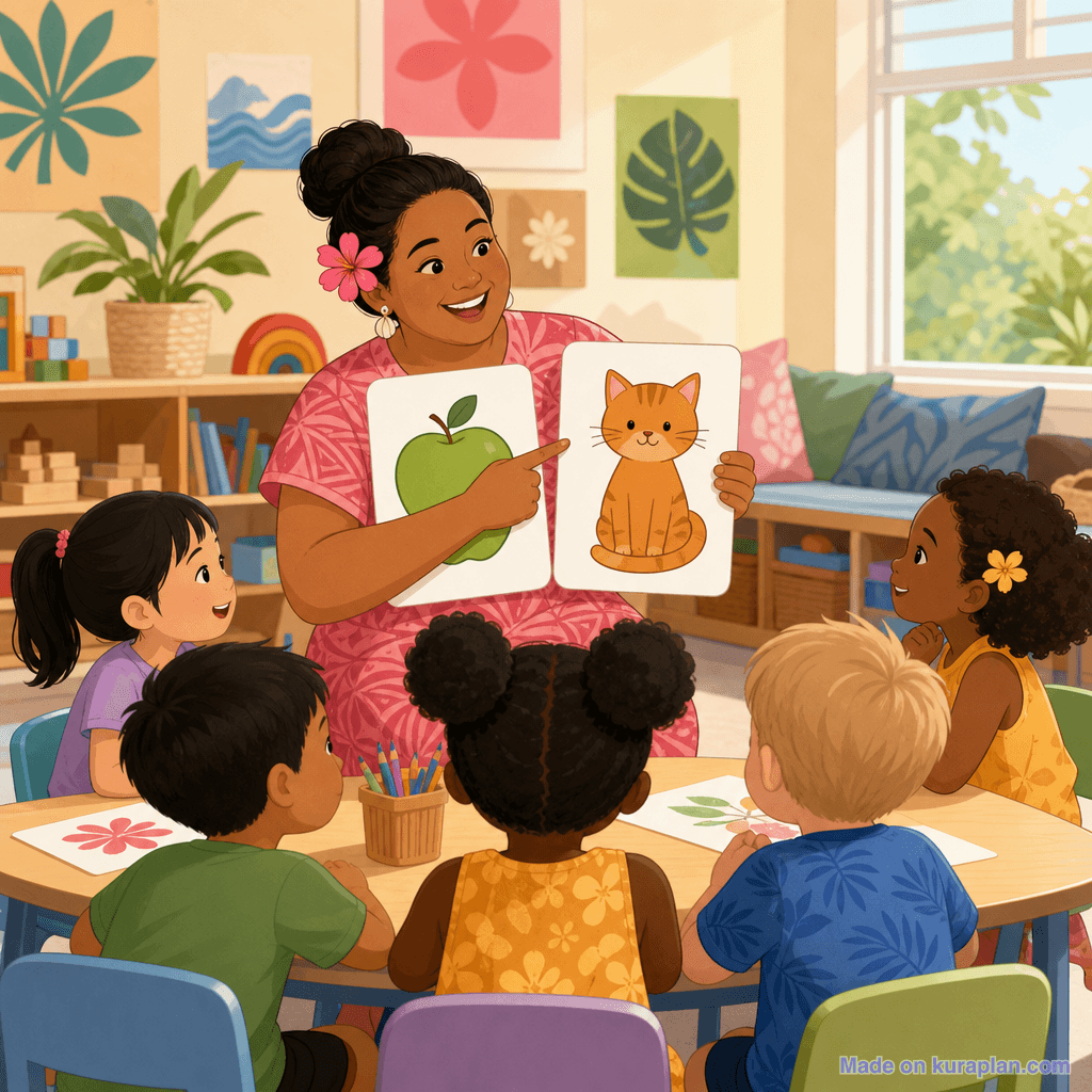 Junior primary reading, alphabet flashcards, Pacific Islander female teacher (square)