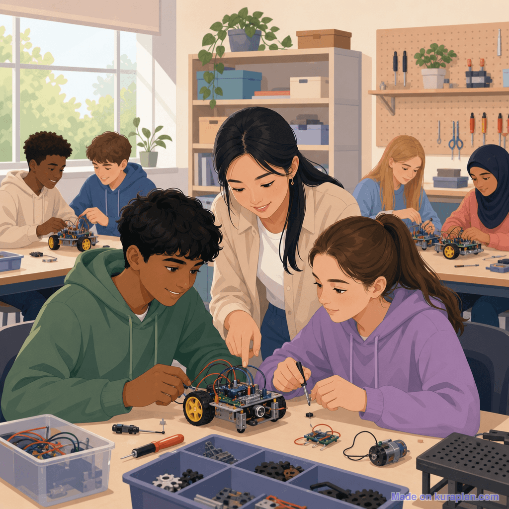 Year 9 tech / robotics classroom, East-Asian female teacher (square)