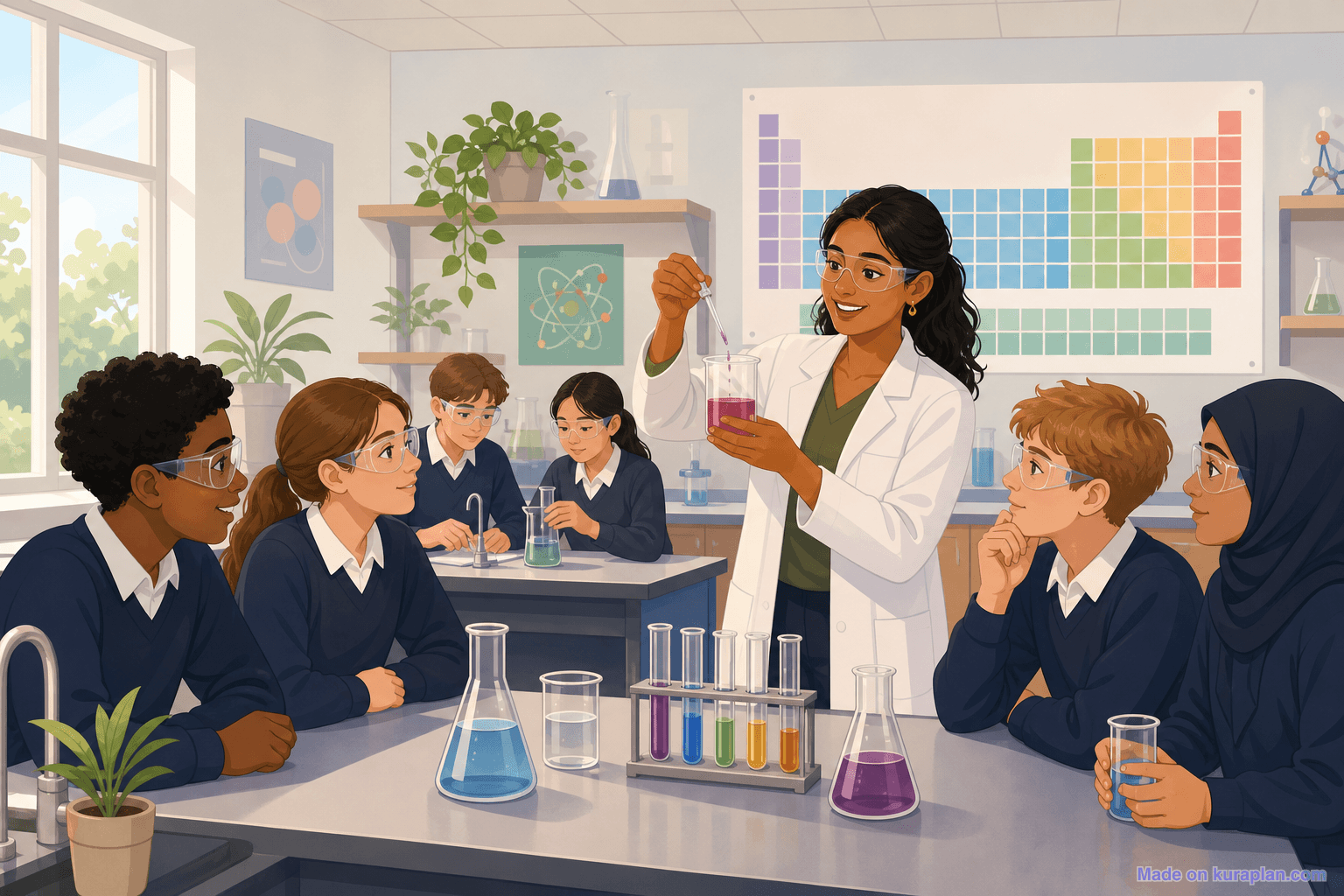 UK Year 8 secondary science lab, female teacher (16:9)