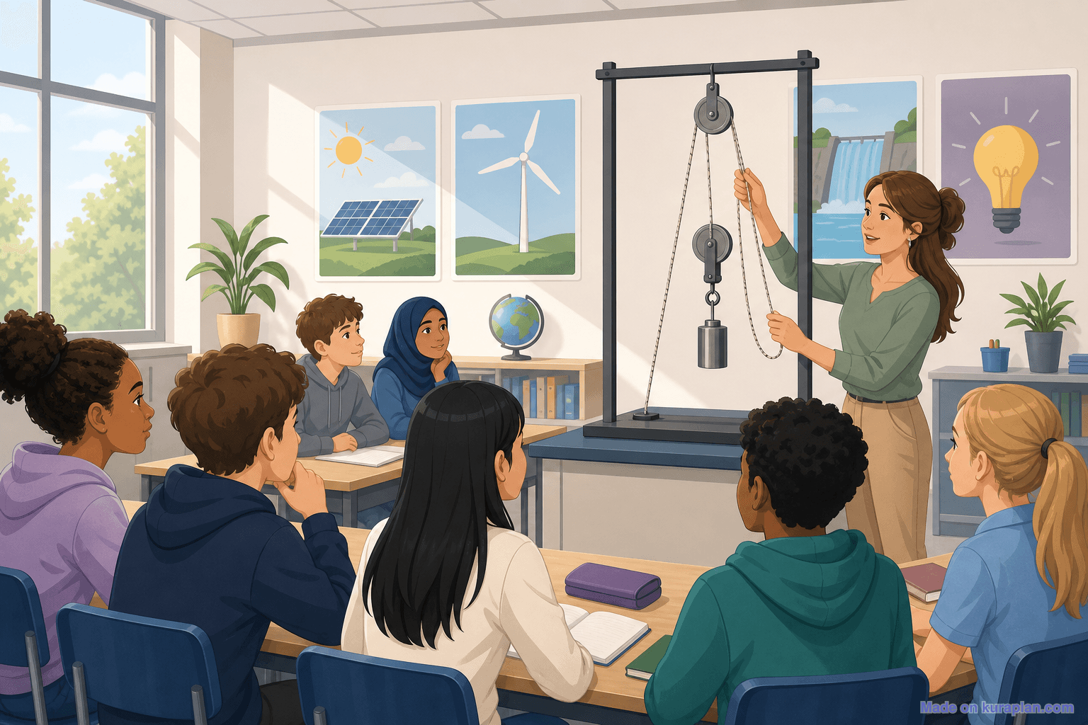 Year 9 secondary physics, pulley demo, female teacher (16:9)