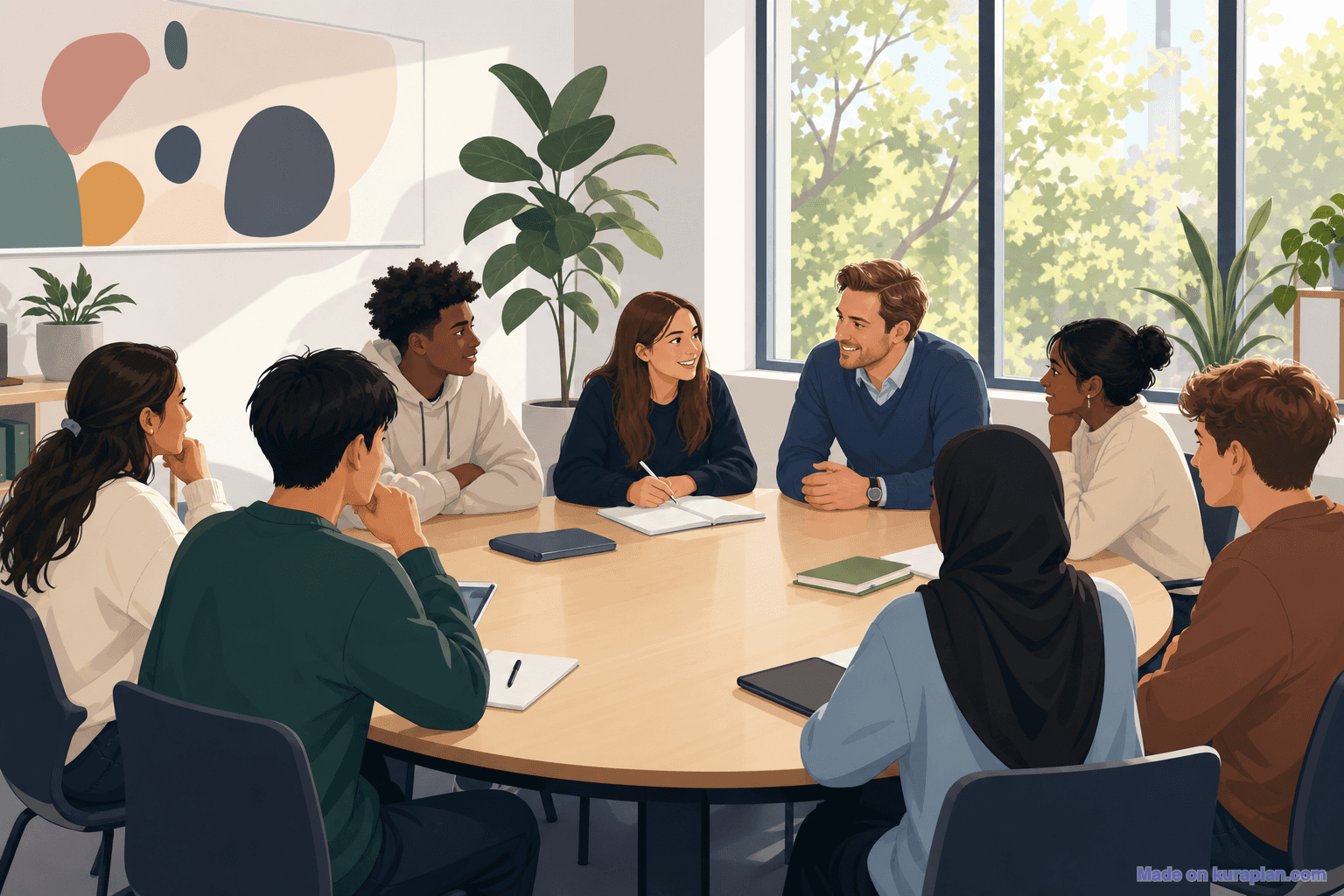 Year 12 seminar, oval table, male teacher (16:9)