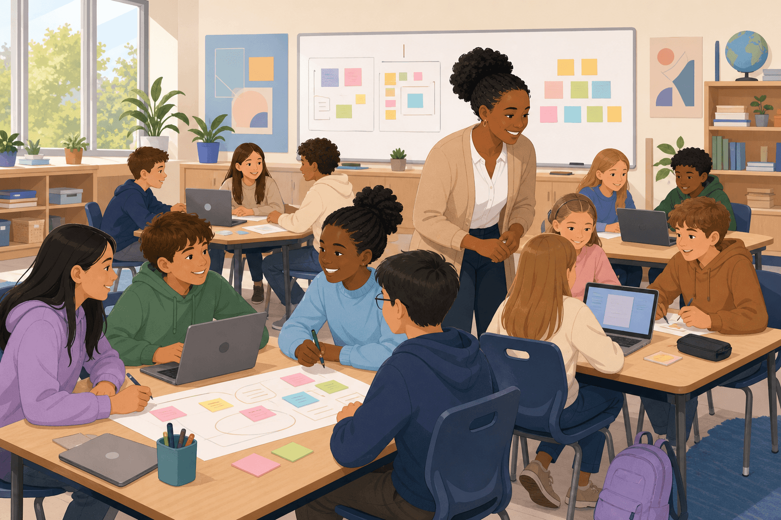 Intermediate group work, African heritage female teacher (16:9)