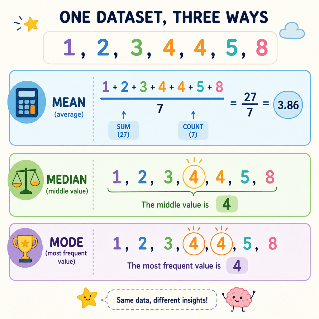 Mean, median and mode of one dataset