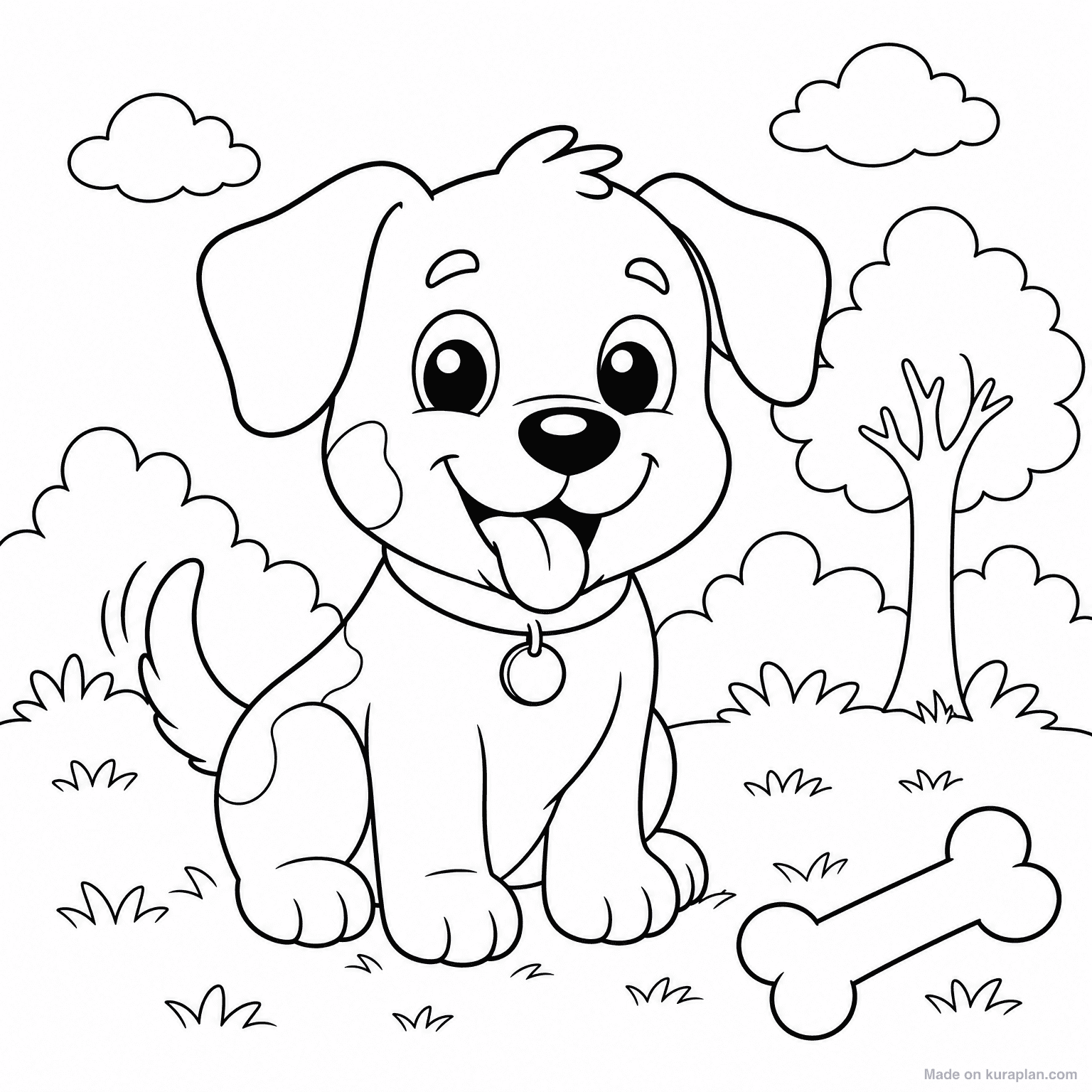 Happy Puppy with Bone — Coloring Page