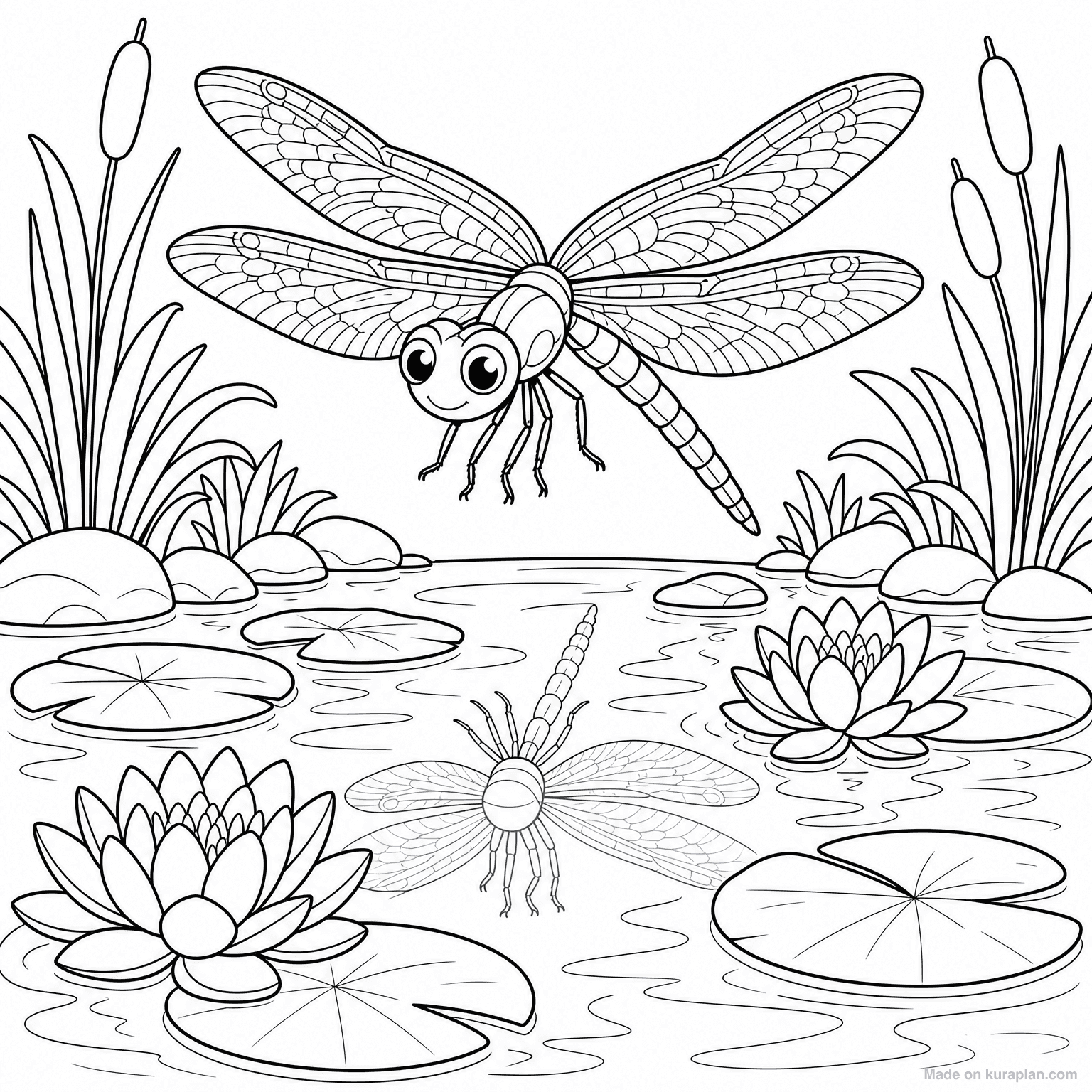 Dragonfly at Pond — Coloring Page
