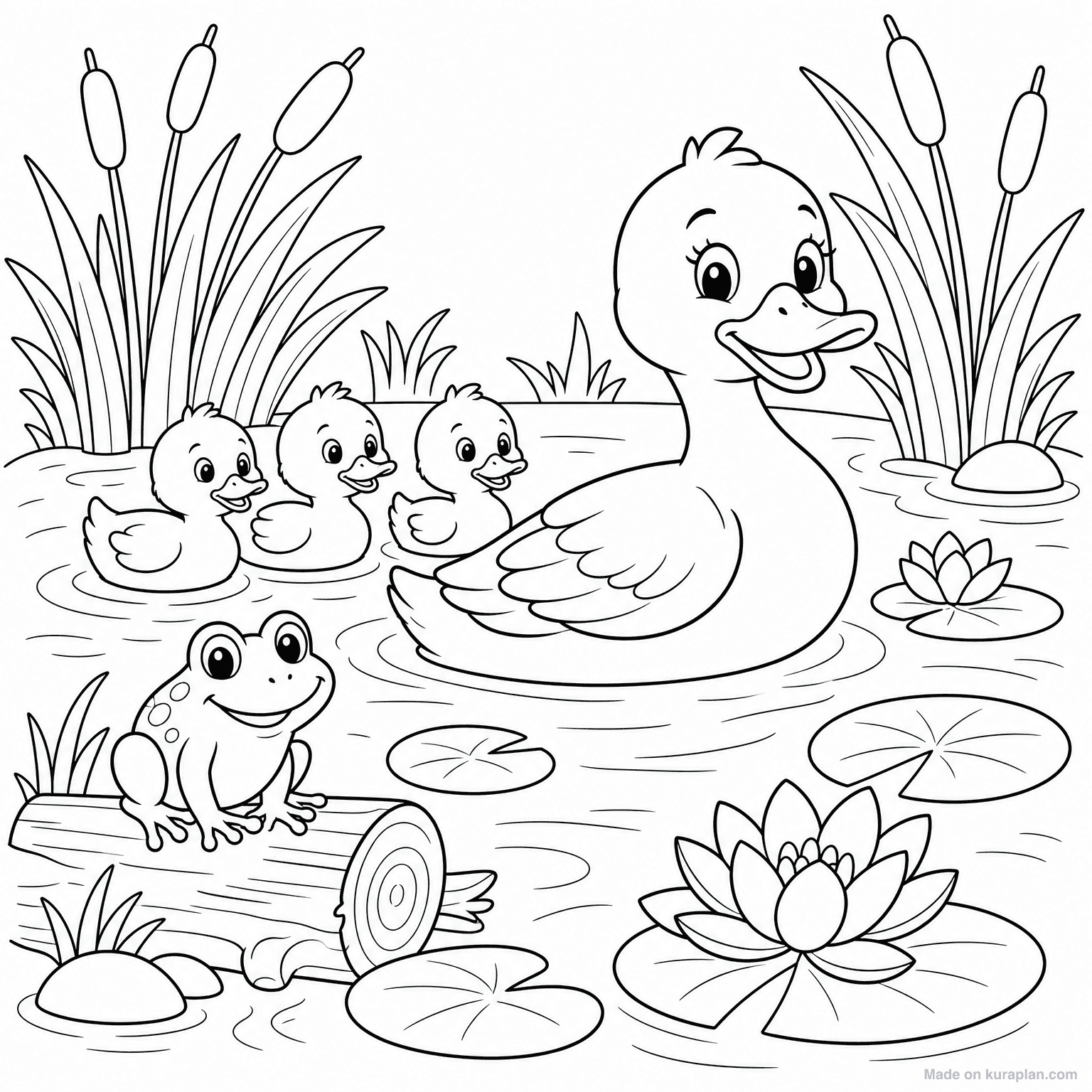 Duck Swimming in Pond — Coloring Page