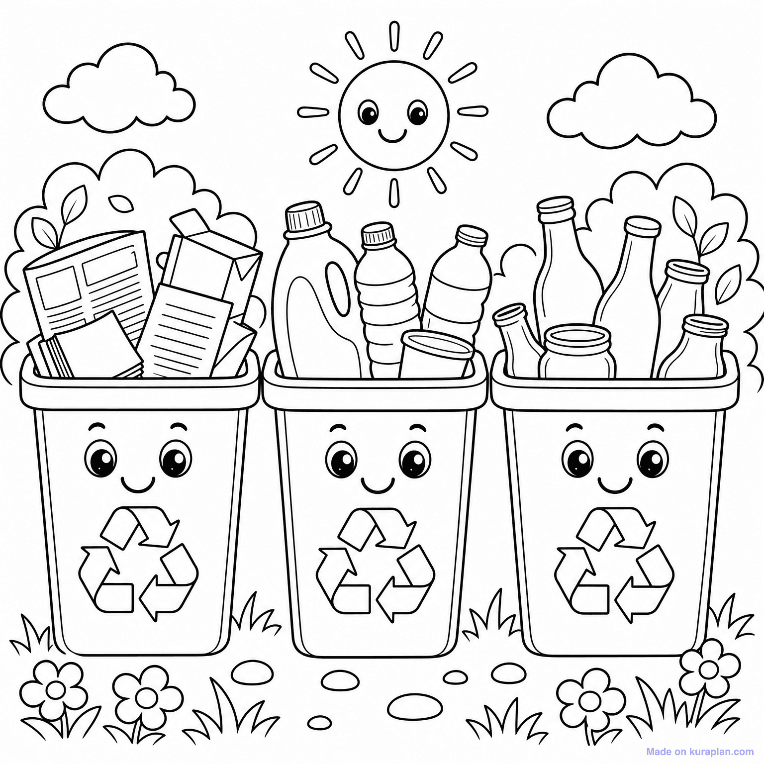 Recycling Bins Trio — Coloring Page