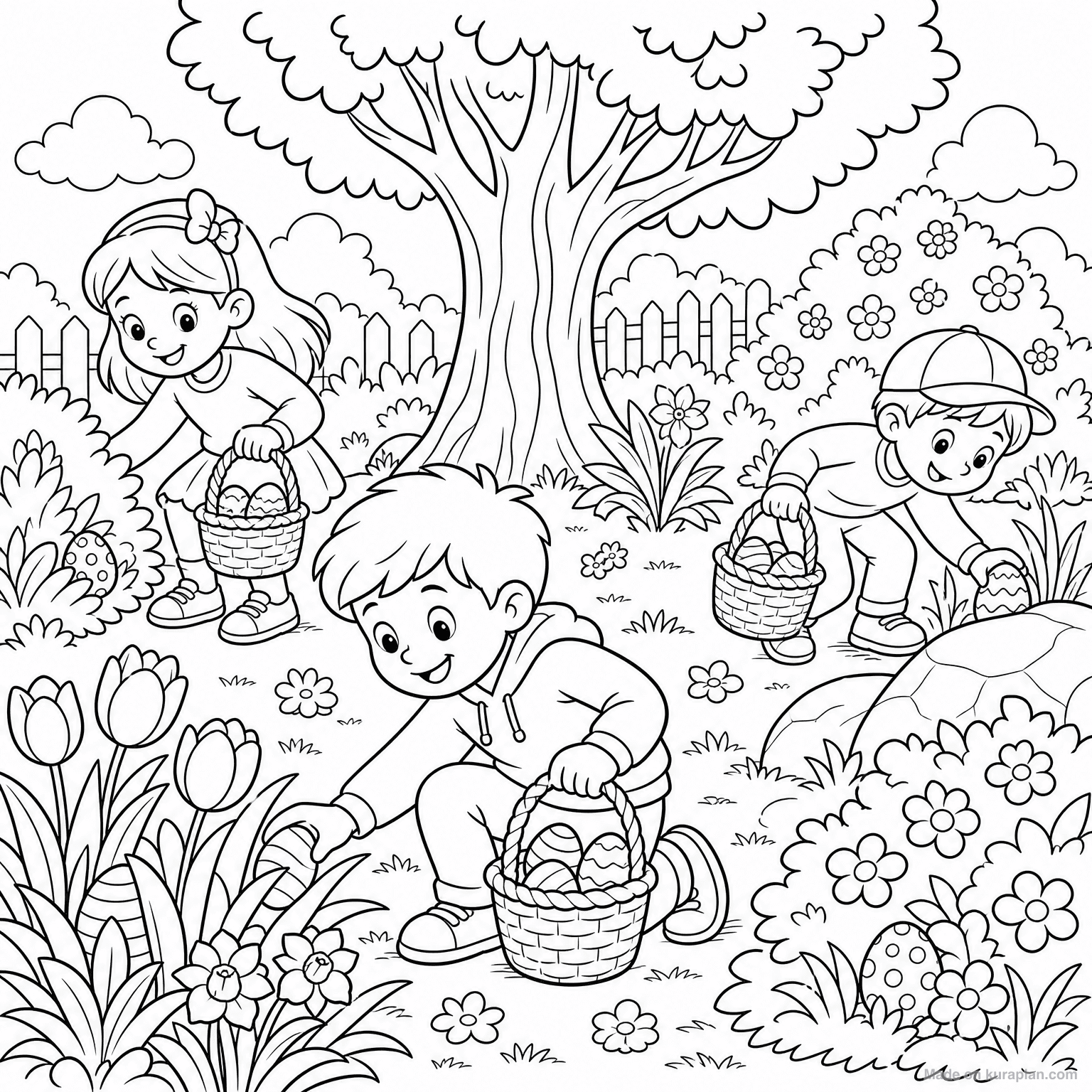 Easter Egg Hunt Scene — Coloring Page