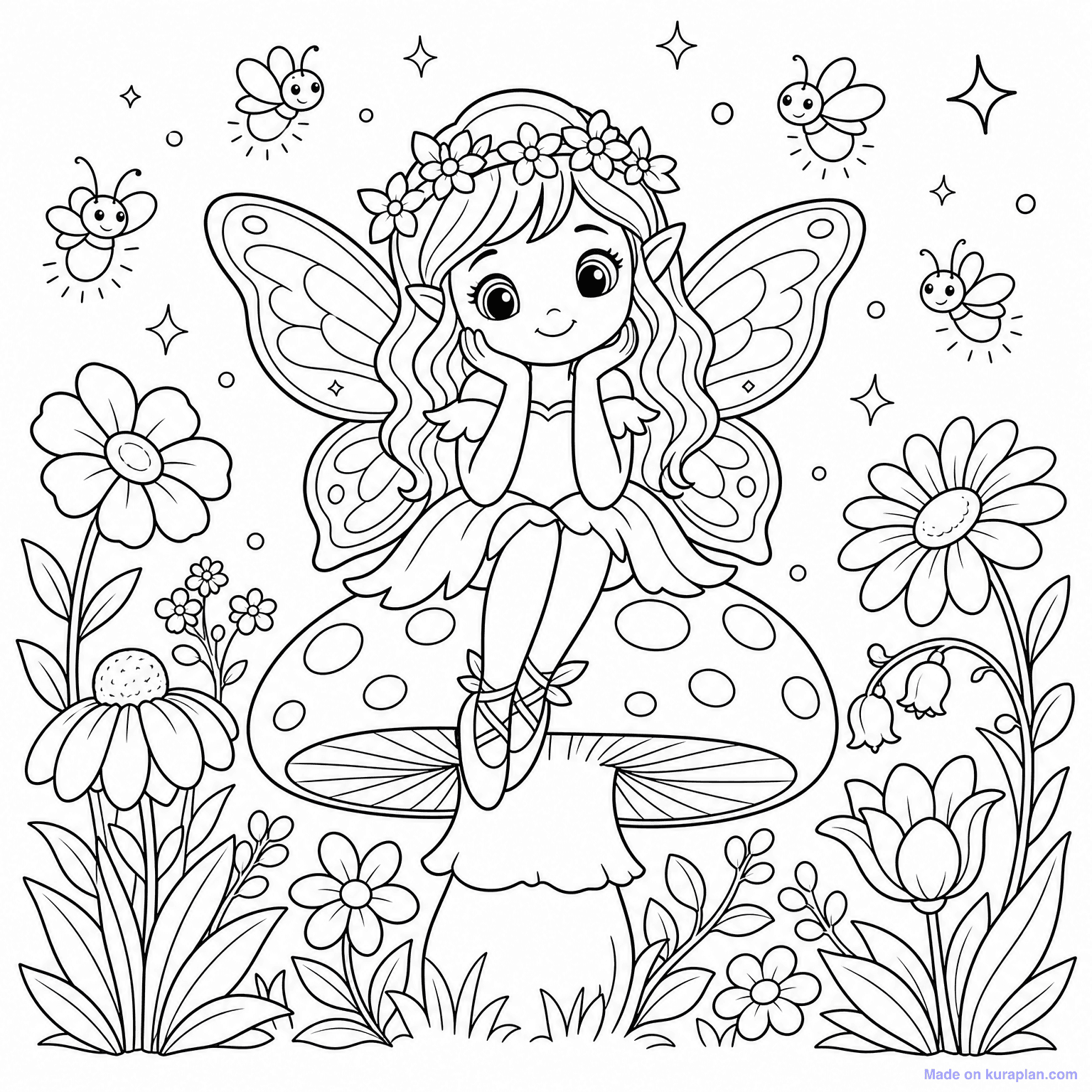 Fairy in Flower Garden — Coloring Page