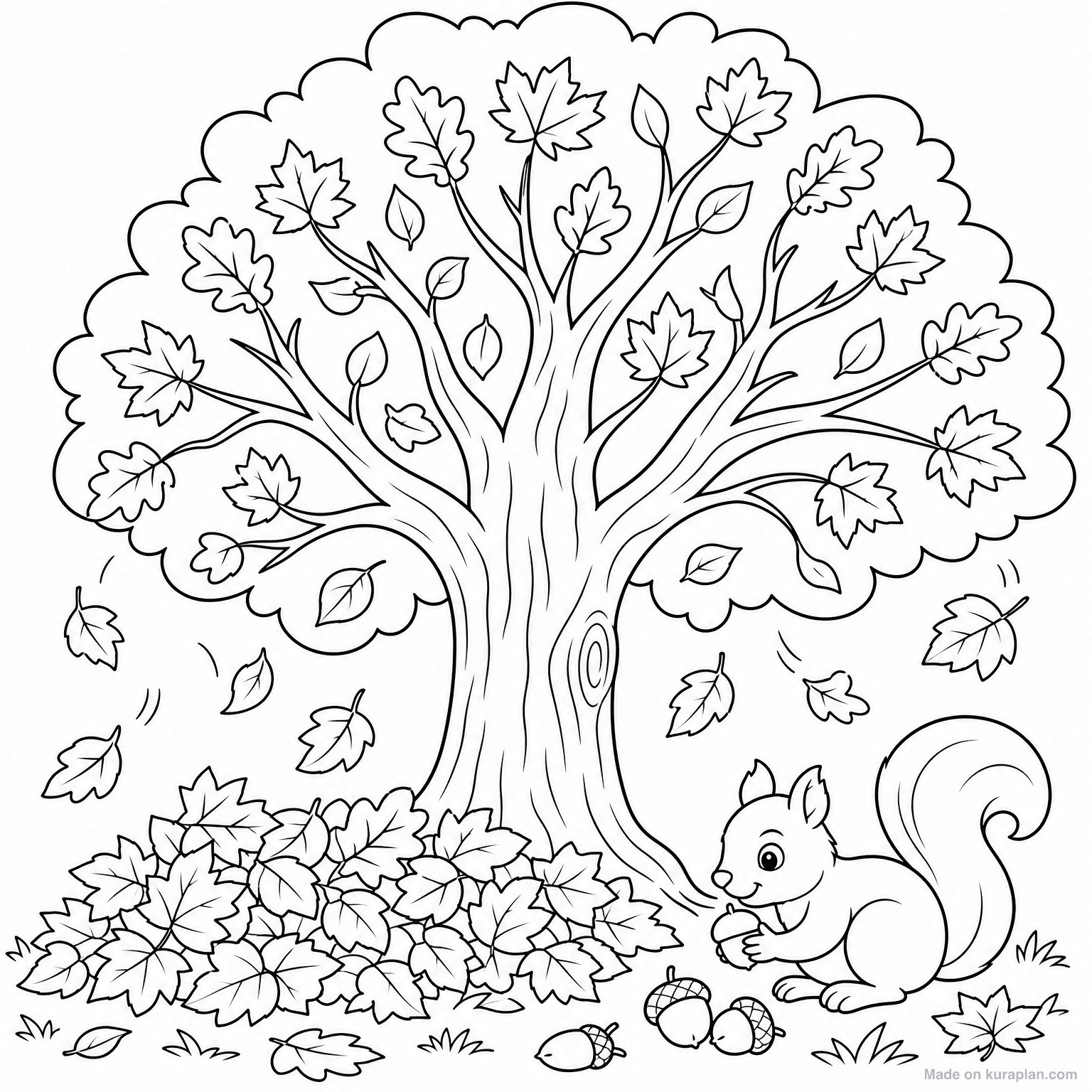 Autumn Tree with Falling Leaves — Coloring Page