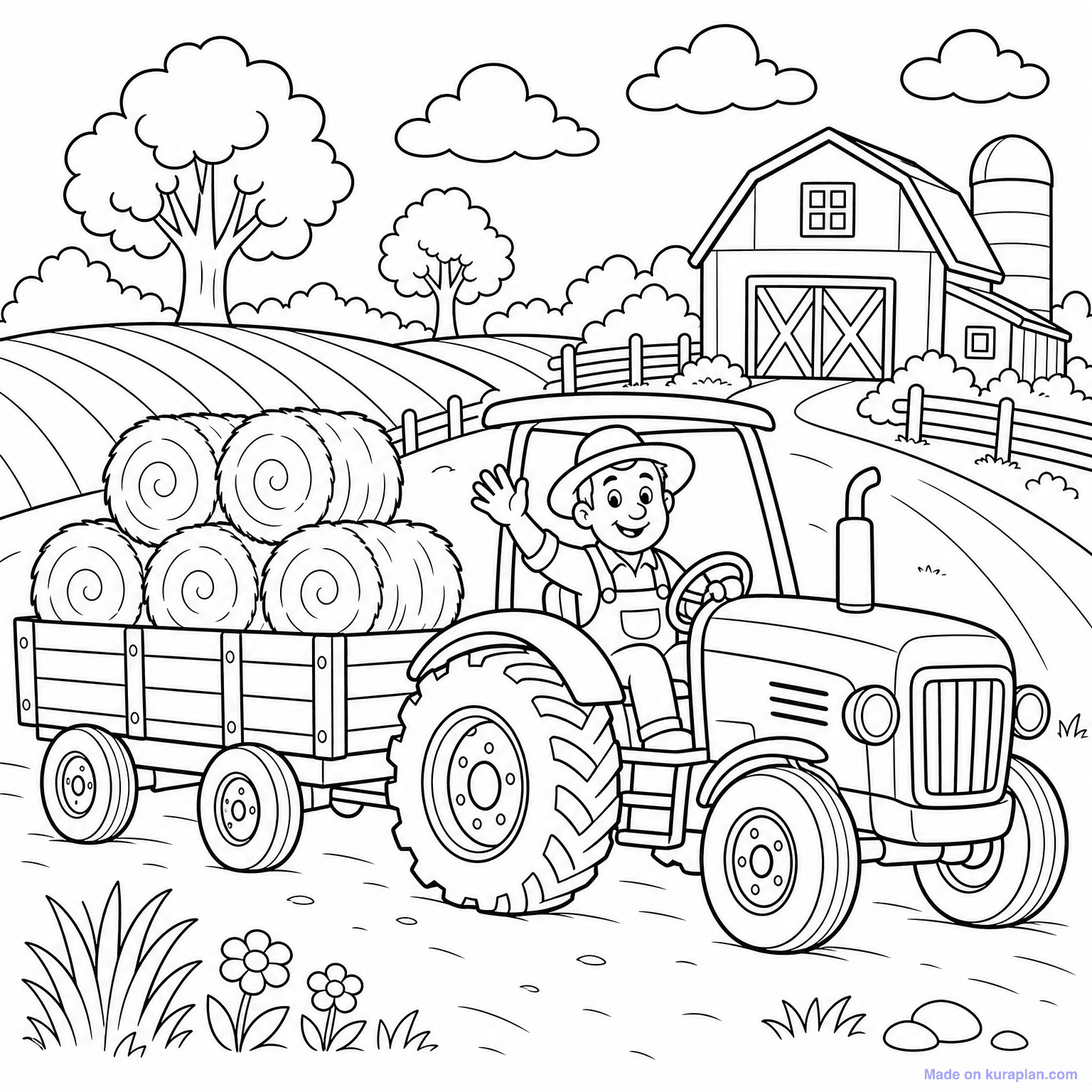 Farm Tractor with Trailer — Coloring Page
