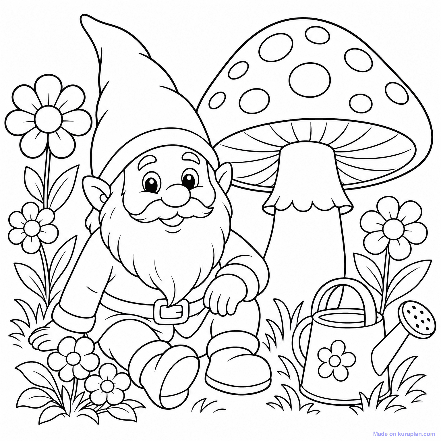Garden Gnome with Mushroom — Coloring Page