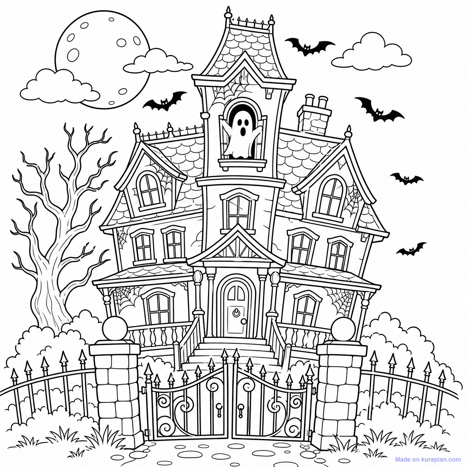 Haunted House at Night — Coloring Page