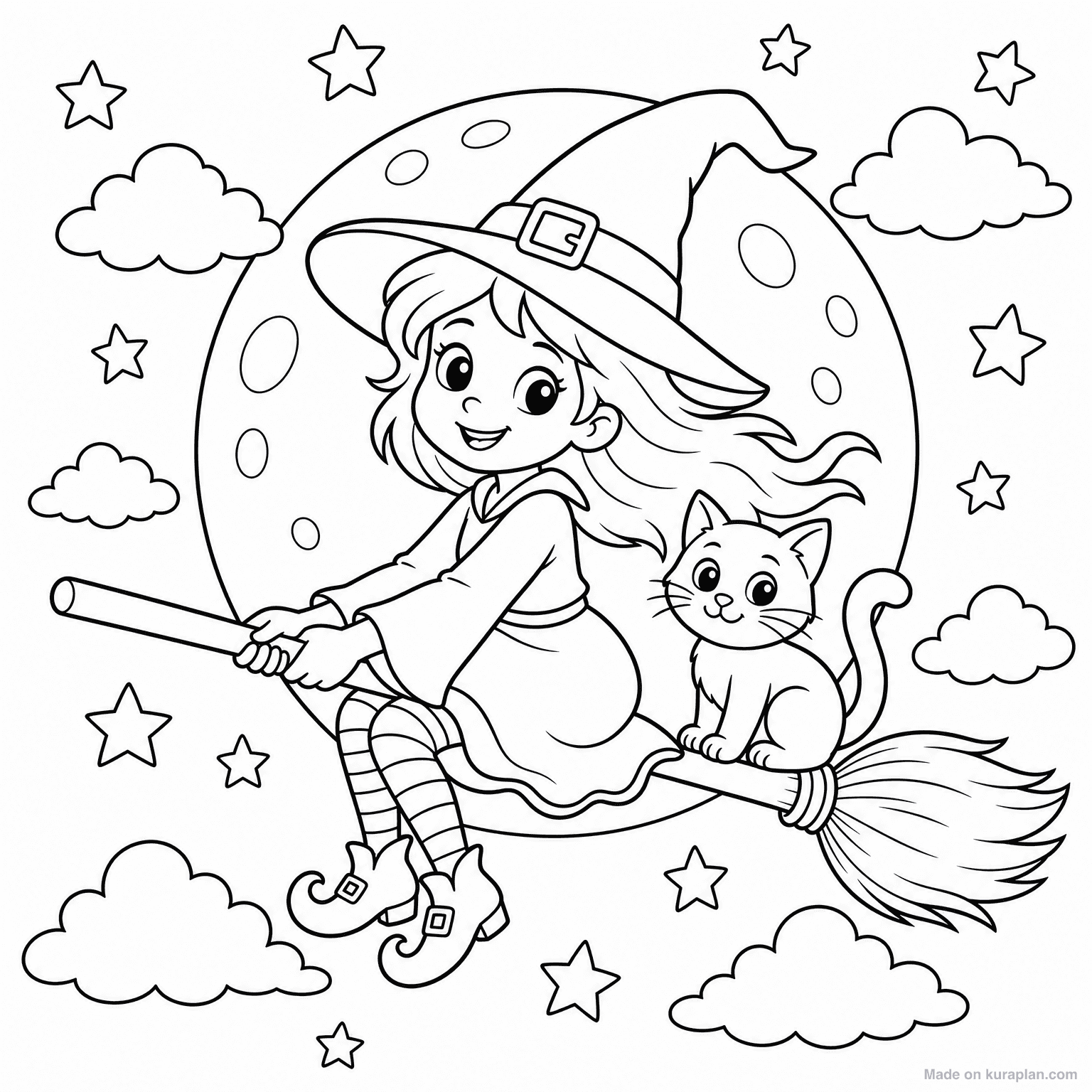 Witch on Broomstick — Coloring Page