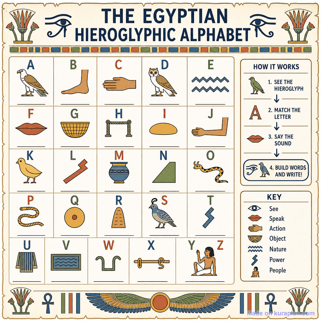 Egyptian Hieroglyphic Alphabet (detailed, unlabeled)