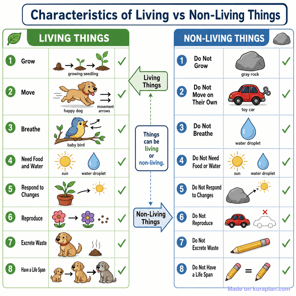 Characteristics of Living vs Non-Living Things (detailed)