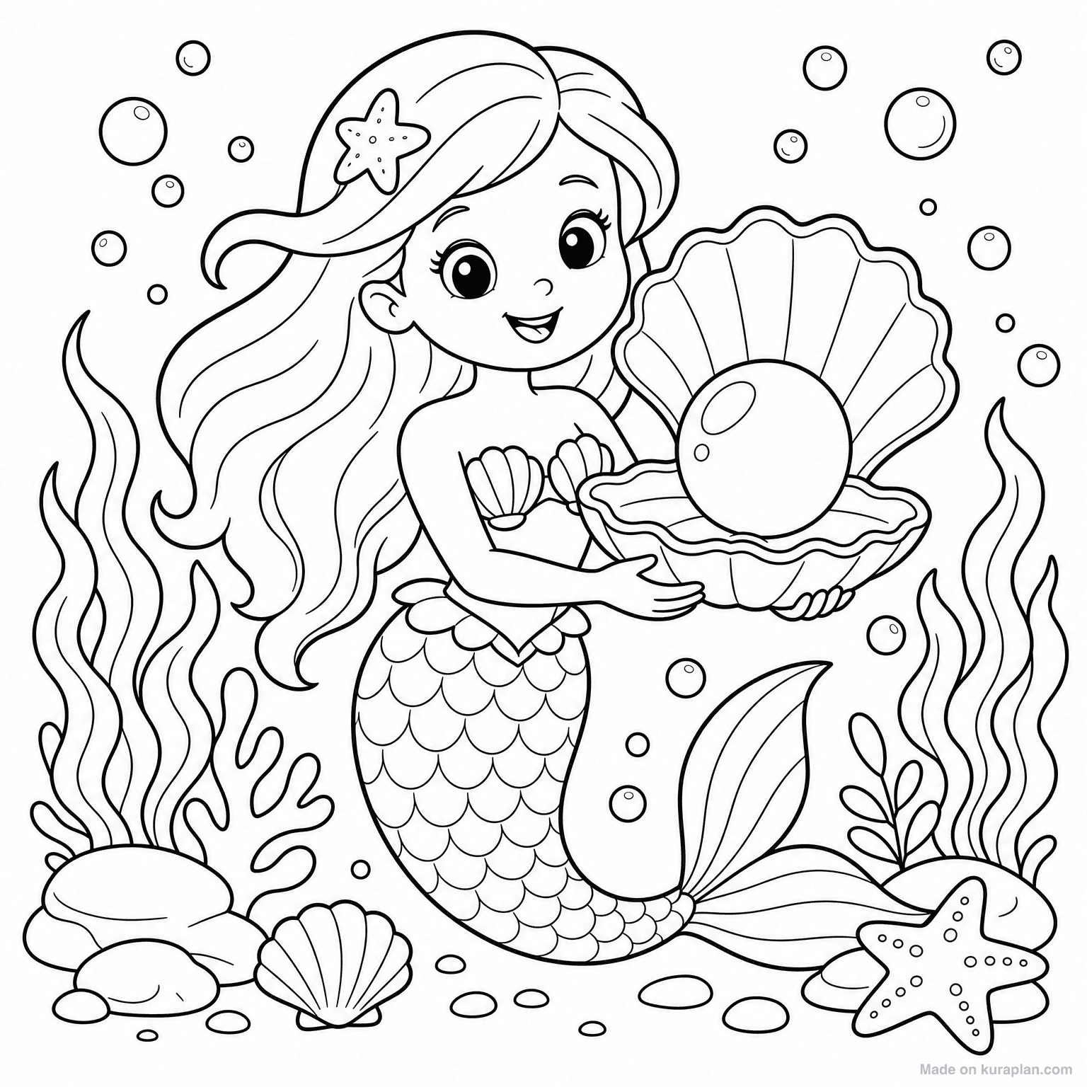 Mermaid with Pearl — Coloring Page