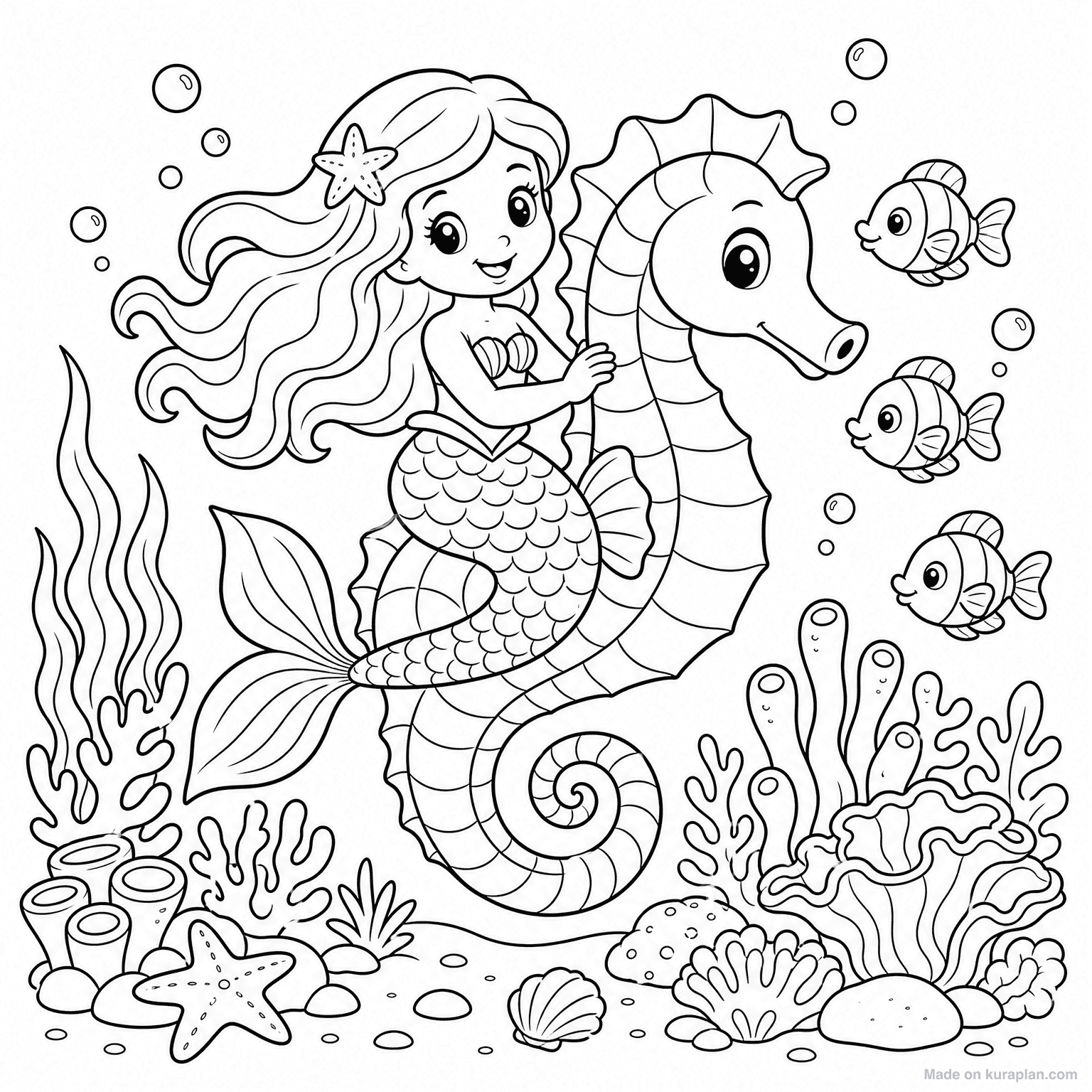 Mermaid Riding Seahorse — Coloring Page