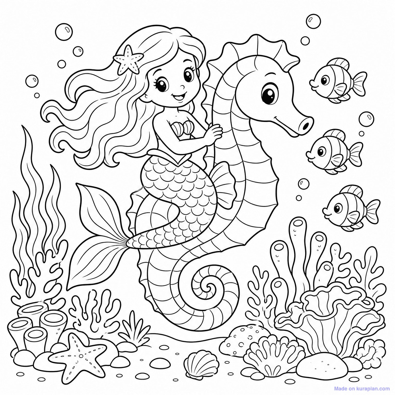 Mermaid Riding Seahorse — Coloring Page