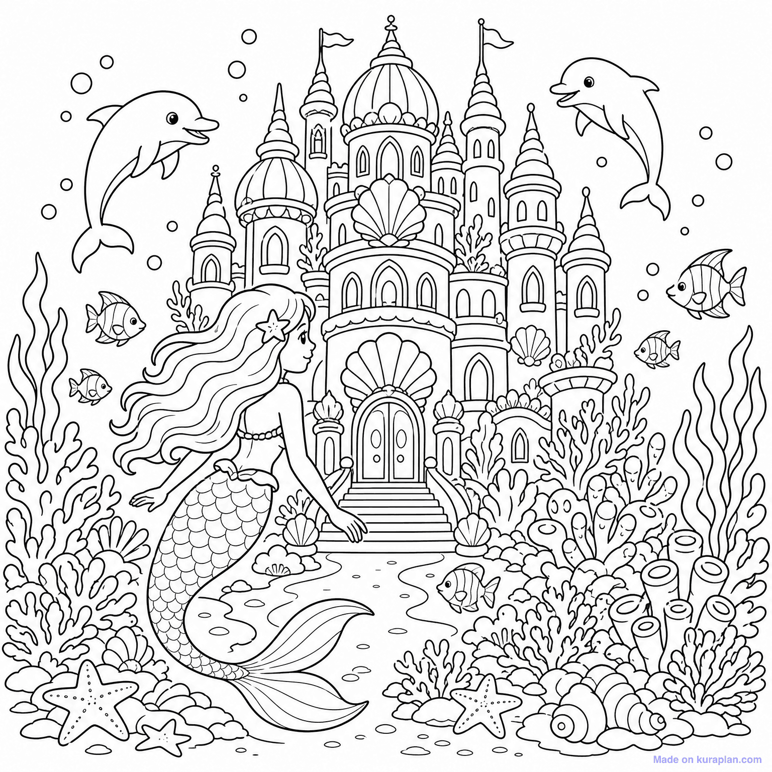 Mermaid Underwater Palace — Coloring Page