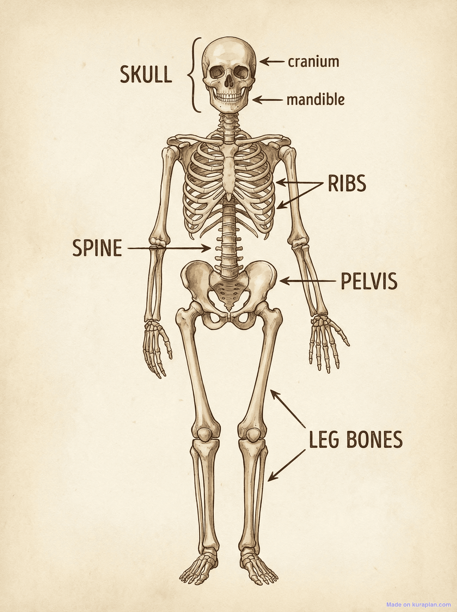 Human skeleton diagram for biology and health education
